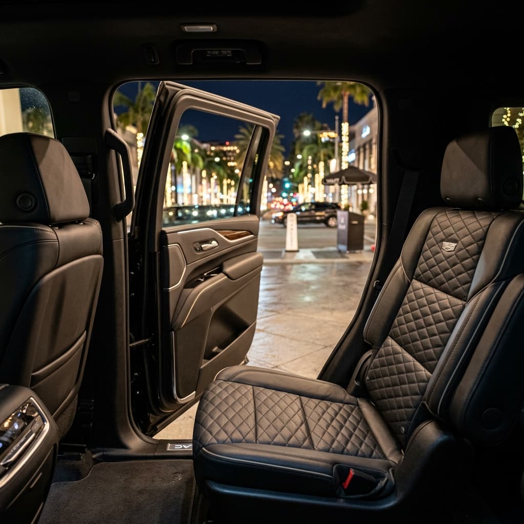 Immaculate black leather interior of an Alpha Crown Limo Cadillac Escalade with door open overlooking Beverly Hills at night