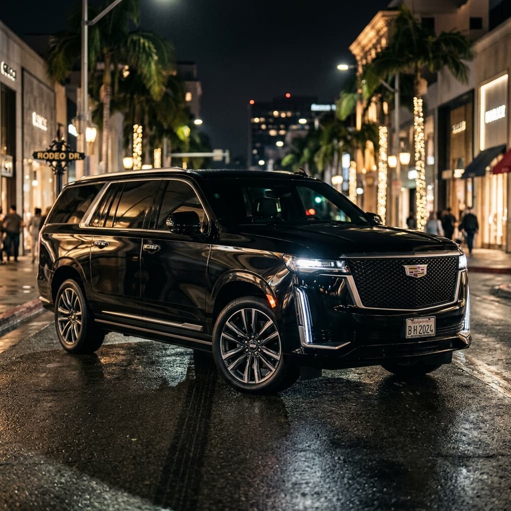 Black Cadillac Escalade on Rodeo Drive at night — Alpha Crown Limo Los Angeles